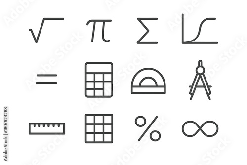 Mathematical Icon Set. Mathematical formulas. Line icon set of mathematical formulas: square root symbol, pi symbol, sigma summation, function graph, equation