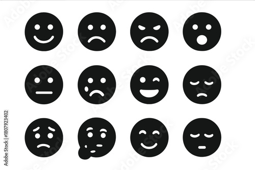 Face Emotions Icons. Face Emotions. Solid icon set of Face Emotions: happy face, sad face, angry face, surprised face, neutral face, crying face, laughing
