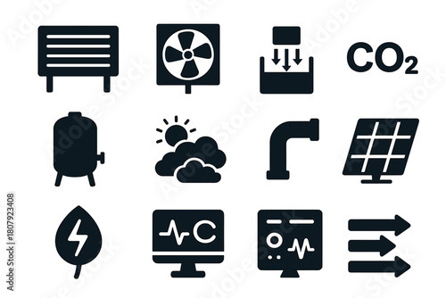 Direct Air Capture Icons. Direct air capture. Solid icon set of Direct air capture: air filter unit, turbine fan, capture box, CO2 molecule, storage tank,