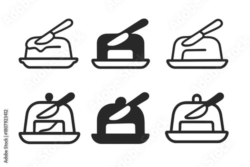 Butter Dish Icons. Butter dish. Icon set. Set Logo of Butter dish: Butter spreader and dish combo. harmonious logo variations of the same emblematic concept,
