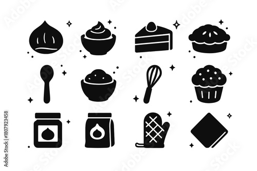 Chestnut Baking Icons. Chestnut Food and Baking. Solid icons set of Chestnut Food and Baking: roasted nut, chestnut puree, cake slice, pie, spoon, mixing bowl,