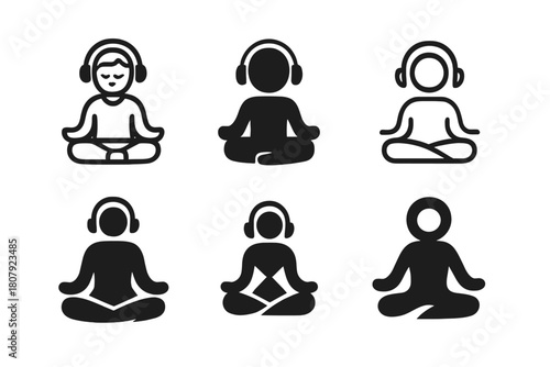 Meditation App Logos. using a meditation app. Icon set. Set Logo of using a meditation app: smartphone with tranquil landscape. harmonious logo variations of