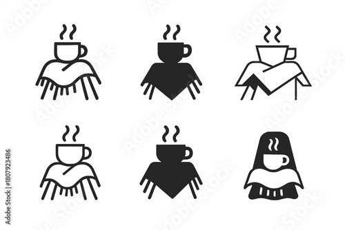 Cozy Blanket Logos. Blanket over knees. Icon set. Set Logo of blanket over knees: legs covered with patterned throw blanket. harmonious logo variations of the