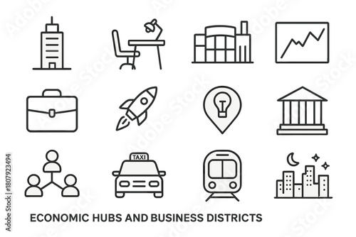 Economic Icons Collection. Economic hubs and business districts. Line icon set of economic hubs and business districts: office tower, coworking desk,