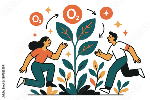 Airy Eco Illustration. Oxygen. Plants producing oxygen via photosynthesis with abstract floating O2 molecules and sparkles; conveys ecology, sustainability,