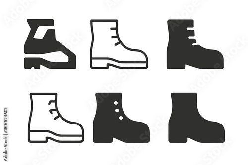 Work Boots Icon Set. Blue-collar worker. Icon set. Set Logo of Work Boots: Durable footwear. Abstract geometric, Stylized detail, Minimal outline, Filled