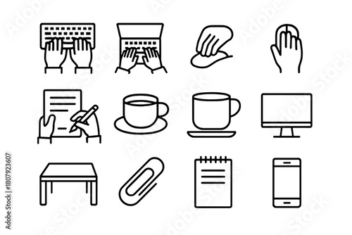 Professional Hands Icons. Close-Up of Professional People?s Hands Typing. Line icon set of Close-Up of Professional People?s Hands Typing: keyboard, laptop,