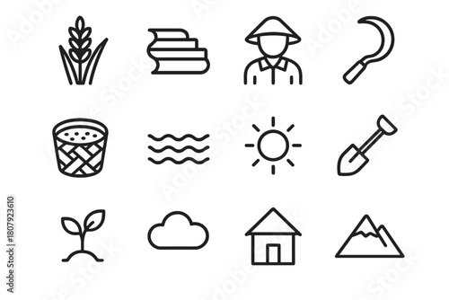 Rice Farming Icons. Rice farming. Line icon set of rice farming: rice plant, terrace, farmer, sickle, basket, water, sun, shovel, sprout, cloud, house,