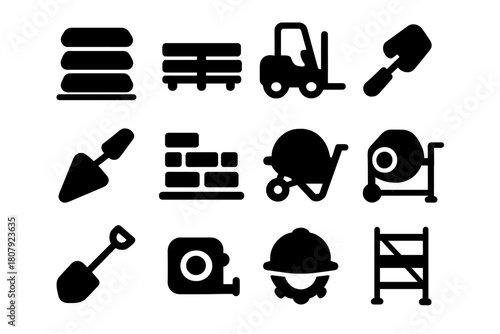 Cement Construction Icons. Cement Bags Stacked. Solid icon set of Cement Bags Stacked: cement bag, pallet, forklift, trowel, bricks, wheelbarrow, construction