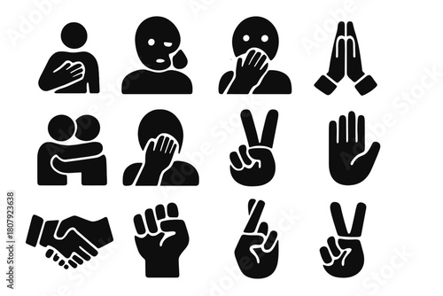 Emotional Gesture Icons. Emotional gestures. Solid icon set of Emotional gestures: hand on heart, tear wipe, covering mouth, prayer hands, hug