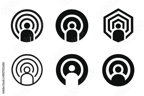 Depression Constriction Logos. Wall of depression closing in around a figure. Icon set. Set Logo of wall of depression closing in around a figure: concentric