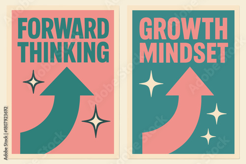 Retro Growth Banners. Forward thinking. Two vertical A6 banners with safe margins, centered composition, no elements touching edges, retro, pink and teal,