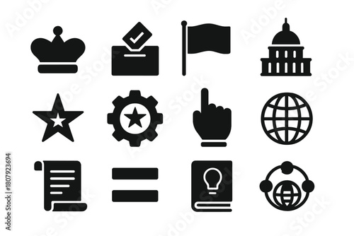 Political Systems Icons. Political systems. Solid icon set of Political systems: monarchy crown, democracy ballot, republic flag, parliament dome, communist