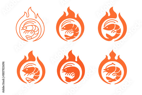 Spicy Seafood Emblem Set. Spicy seafood. Icon set. Set Logo of Spicy Seafood: stylized shrimp in flame circle. harmonious logo variations of the same