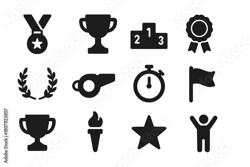 Sports Icon Set. Sports Team. Solid icon set of Sports Team: runners, coach, baton, stopwatch, track, water bottle, sneakers, flag, medal, trophy, cheering