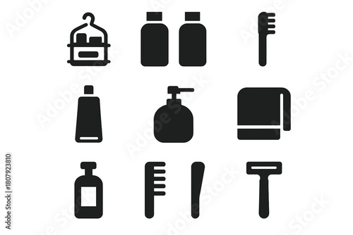 Organized Bathroom Icons. Organized Bathroom. Solid icon set of Organized Bathroom: shower caddy, shampoo bottle, conditioner bottle, toothbrush, toothpaste,