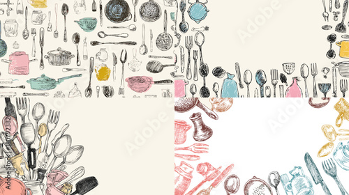 Playful kitchen themed corner illustrations with utensils pots pans and cooking tools in soft textured colors. Great for recipe cards food blogs menus and culinary creative layouts.