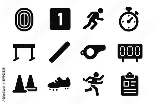 Track and Field Icons. Track and Field. Solid icon set of Track and Field: running track, lane number, sprint start, stopwatch, hurdles, baton, whistle,