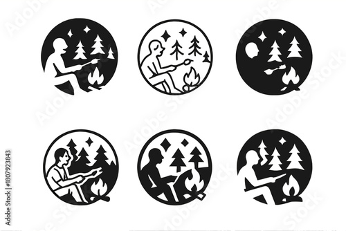 Campfire Emblem Variations. A person sitting by a campfire in the woods, roasting marshmallows and telling stories. Icon set. Set Logo of A person sitting by a