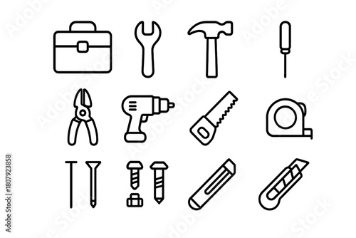 Mechanic Tools Icon Set. Mechanic kit. Line icon set of Mechanic kit: toolbox case, wrench, hammer, screwdriver, pliers, drill, saw, tape measure, nails,