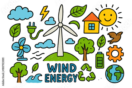 Colorful Wind Energy Doodles. Wind Energy. Colorful Hand-drawn doodle Children illustration Wind Energy wind turbine, cloud, hill, tree, lightning bolt, plug,