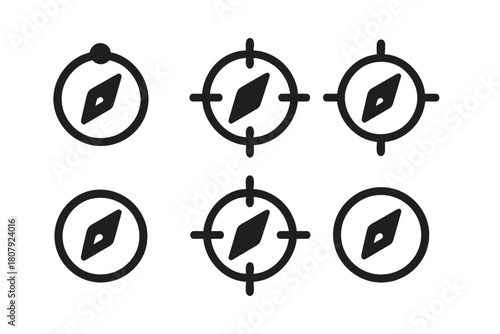 Motivational Compass Icons. Self-motivation. Icon set. Set Logo of Compass: Direction and purpose. Negative space, Minimal outline, Symmetrical form, Iconic