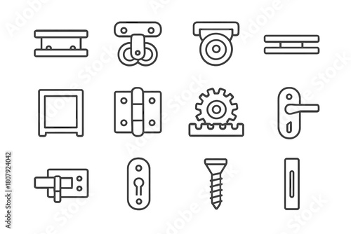 Sliding Mechanisms Icons. Sliding mechanisms. Line icon set of sliding mechanisms: rail, roller, wheel, track, frame, hinge, gear, handle, bolt, lock, screw,