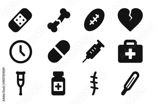 Slow Healing Icons. Slow healing. Solid icon set of Slow healing: bandage, broken bone, wound, heart, clock, pill, syringe, first aid kit, crutch, medicine