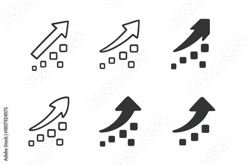 Digital Growth Icons. Leadership in the digital transformation of businesses. Icon set. Set Logo of Digital Growth: Arrow ascending through pixels. Abstract