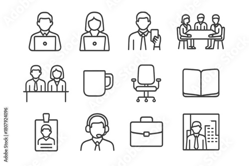 Modern Office Icons. Business professionals working in modern office settings. Line icon set of business professionals working in modern office settings: