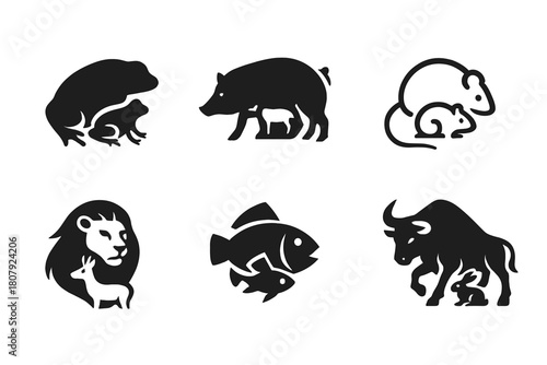 Invasive Species Emblems. Invasive species. Icon set. Set Logo of invasive species: silhouette of invasive animal dominating native form. harmonious logo
