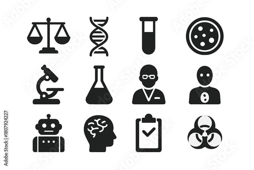 Cloning Debate Icons. Cloning Debate. Solid icon set of Cloning Debate: ethical scale, DNA strand, test tube, petri dish, microscope, lab flask, scientist,