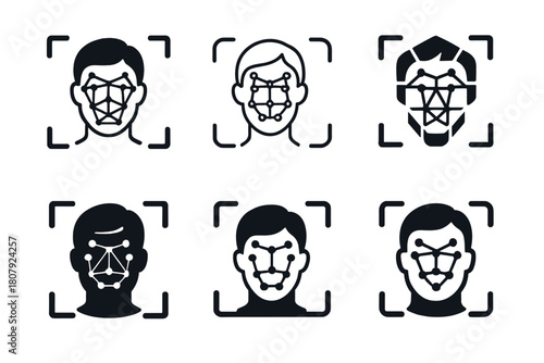 Harmony in Recognition Icons. Facial recognition. Icon set. Set Logo of facial recognition: face with landmark dots and grid. harmonious logo variations of the