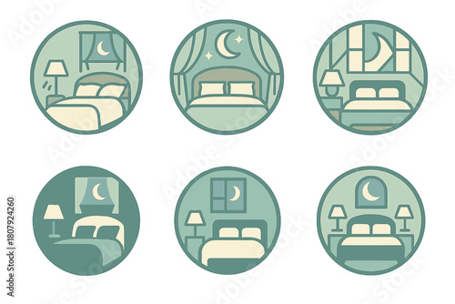 Serene Bedroom Logos. A peaceful bedroom with soft, calming colors and scents. Icon set. Set Logo of peaceful bedroom: plant and pillow arrangement symbolizing