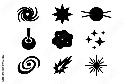 Cosmic Phenomena Icons. Cosmic phenomena. Solid icon set of Cosmic phenomena: black hole, supernova, pulsar, quasar, nebula, star cluster, galaxy arm, cosmic