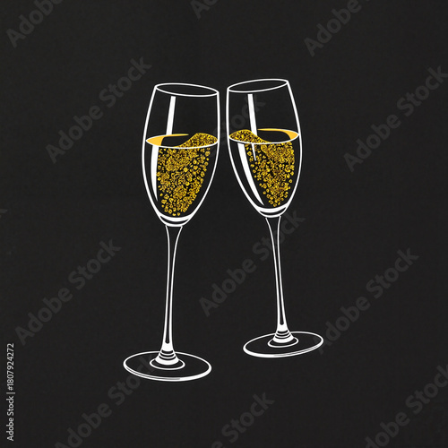 Two champagne glasses clinking in celebration against a black background