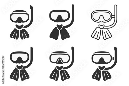 Snorkeling Mask Logos. Snorkeling mask. Icon set. Set Logo of Snorkeling mask: Mask strap detail. harmonious logo variations of the same emblematic concept,