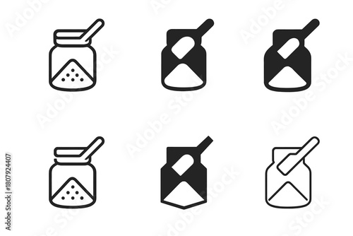 Substance Logo Designs. Substances. Icon set. Set Logo of Substances: Powder and container. harmonious logo variations of the same emblematic concept, each
