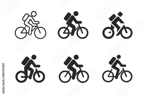 Bicycle Commuting Logos. Bicycle commuting. Icon set. Set Logo of Bicycle Commuting: front view of bicycle with city elements. harmonious logo variations of