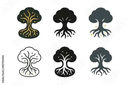 Magical Tree Icons. A magical tree that grants wishes in an ancient forest. Icon set. Set Logo of Magical Roots: Twisting roots glowing. Abstract geometric,