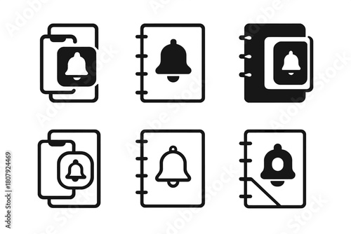 Planner Icon Variations. Using an app or paper planner to organize thoughts and appointments. Icon set. Set Logo of using an app or paper planner to organize