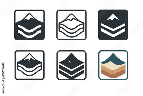 Earth Layers Icons. Earth layers. Icon set. Set Logo of earth layers: cross-section of Earth showing crust, mantle, and core. harmonious logo variations of the