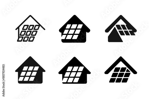Solar Roof Logo Set. Solar roofing systems. Icon set. Set Logo of solar roofing systems: roof with solar shingles pattern. harmonious logo variations of the