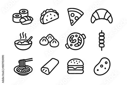 Iconic Global Flavors. International cuisine. Line icon set of International cuisine: sushi, taco, pizza slice, croissant, curry bowl, dumplings, paella,