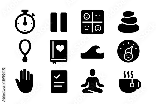 Emotional Regulation Icons. Emotional Regulation. Solid icon set of Emotional Regulation: breathing timer, pause button, mood meter, grounding stone, counting