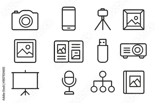 Photo Sharing Icons. Photo and memory sharing. Line icon set of photo and memory sharing: camera, smartphone, tripod, photo frame, instant photo, scrapbook,