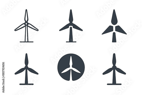 Renewable Energy Icons. Renewable energy research. Solid icon set of Renewable energy research: solar panel, wind turbine, battery, lightbulb, microscope, test