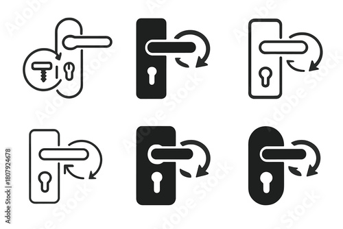 Door Hardware Icons. Replacing door hardware (knob or handle). Icon set. Set Logo of replacing door hardware (knob or handle): handle and key silhouette on