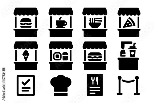 Mall Restaurant Icons. Mall restaurants. Solid icon set of Mall restaurants: burger stand, coffee shop, noodle bar, pizza counter, dessert stall, sushi