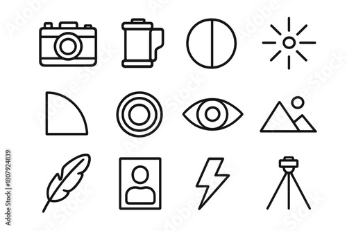 Black and White Icons. Black and White Photography. Line icon set of Black and White Photography: camera, lens, shutter, photo roll, light meter, portrait,